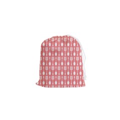 Coral And White Kitchen Utensils Pattern Drawstring Pouch (xs) by GardenOfOphir