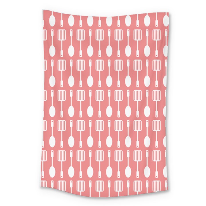 Coral And White Kitchen Utensils Pattern Large Tapestry