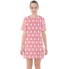 Coral And White Kitchen Utensils Pattern Sixties Short Sleeve Mini Dress by GardenOfOphir