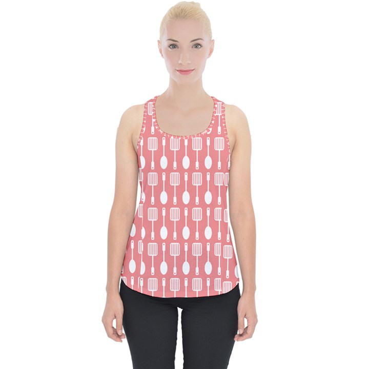 Coral And White Kitchen Utensils Pattern Piece Up Tank Top