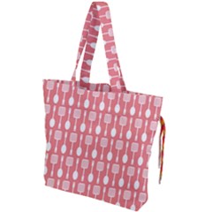 Coral And White Kitchen Utensils Pattern Drawstring Tote Bag by GardenOfOphir