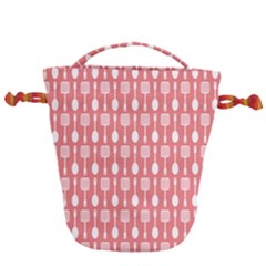 Coral And White Kitchen Utensils Pattern Drawstring Bucket Bag by GardenOfOphir