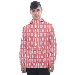 Coral And White Kitchen Utensils Pattern Men s Front Pocket Pullover Windbreaker by GardenOfOphir