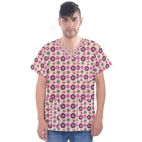 Cute Floral Pattern Men s V-neck Scrub Top by GardenOfOphir