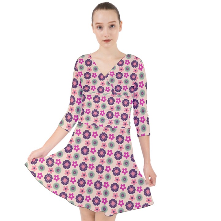 Cute Floral Pattern Quarter Sleeve Front Wrap Dress