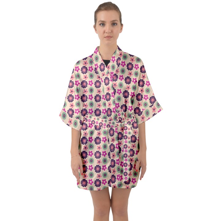 Cute Floral Pattern Half Sleeve Satin Kimono 