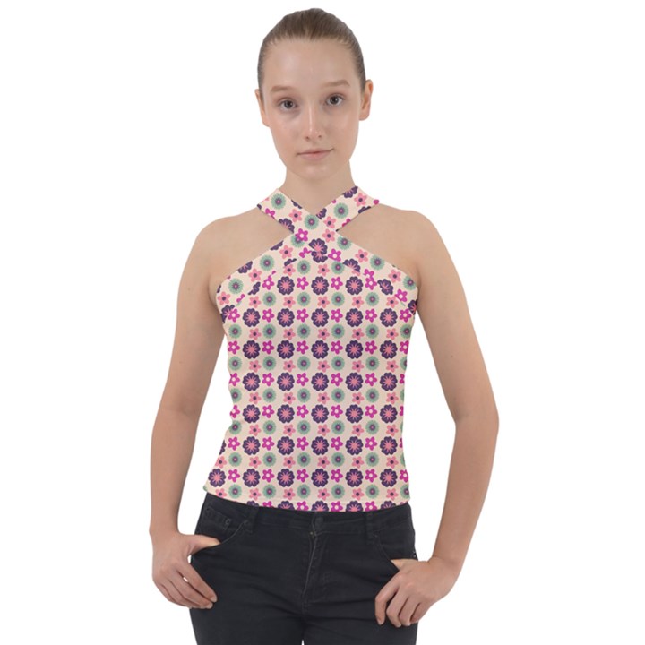 Cute Floral Pattern Cross Neck Velour Top