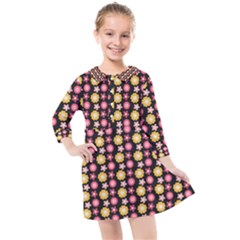 Cute Floral Pattern Kids  Quarter Sleeve Shirt Dress