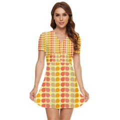 Colorful Leaf Pattern V-neck High Waist Chiffon Mini Dress by GardenOfOphir