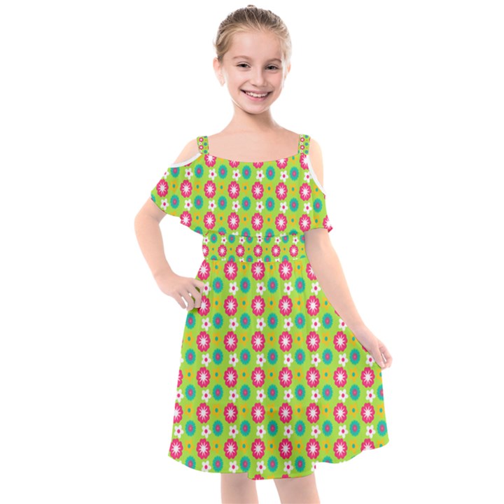 Cute Floral Pattern Kids  Cut Out Shoulders Chiffon Dress