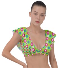 Cute Floral Pattern Plunge Frill Sleeve Bikini Top by GardenOfOphir