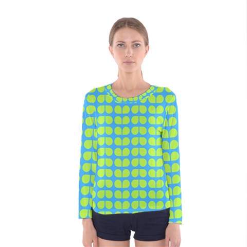 Blue Lime Leaf Pattern Women s Long Sleeve Tee by GardenOfOphir