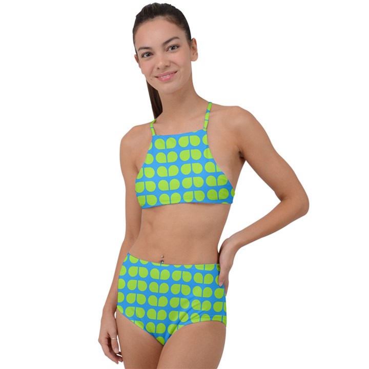 Blue Lime Leaf Pattern High Waist Tankini Set