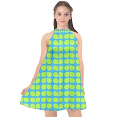 Blue Lime Leaf Pattern Halter Neckline Chiffon Dress  by GardenOfOphir