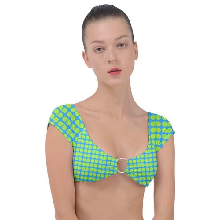 Blue Lime Leaf Pattern Cap Sleeve Ring Bikini Top