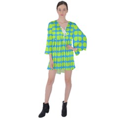 Blue Lime Leaf Pattern V-neck Flare Sleeve Mini Dress by GardenOfOphir