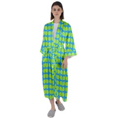 Blue Lime Leaf Pattern Maxi Satin Kimono by GardenOfOphir