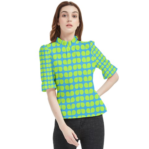 Blue Lime Leaf Pattern Frill Neck Blouse by GardenOfOphir