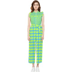 Blue Lime Leaf Pattern Women s Frill Top Chiffon Jumpsuit by GardenOfOphir