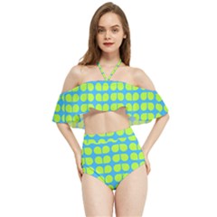 Blue Lime Leaf Pattern Halter Flowy Bikini Set  by GardenOfOphir