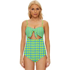 Blue Lime Leaf Pattern Knot Front One-piece Swimsuit by GardenOfOphir