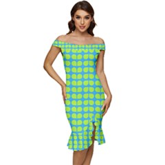 Blue Lime Leaf Pattern Off Shoulder Ruffle Split Hem Bodycon Dress by GardenOfOphir