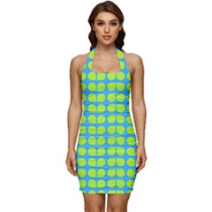 Blue Lime Leaf Pattern Sleeveless Wide Square Neckline Ruched Bodycon Dress by GardenOfOphir