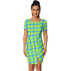 Blue Lime Leaf Pattern Fitted Knot Split End Bodycon Dress by GardenOfOphir