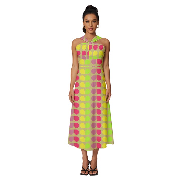 Colorful Leaf Pattern Sleeveless Cross Front Cocktail Midi Chiffon Dress