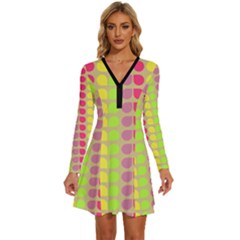 Colorful Leaf Pattern Long Sleeve Deep V Mini Dress  by GardenOfOphir