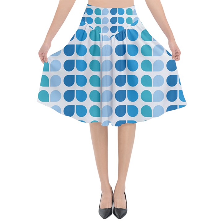 Blue Green Leaf Pattern Flared Midi Skirt