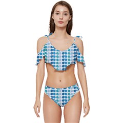 Blue Green Leaf Pattern Ruffle Edge Tie Up Bikini Set	