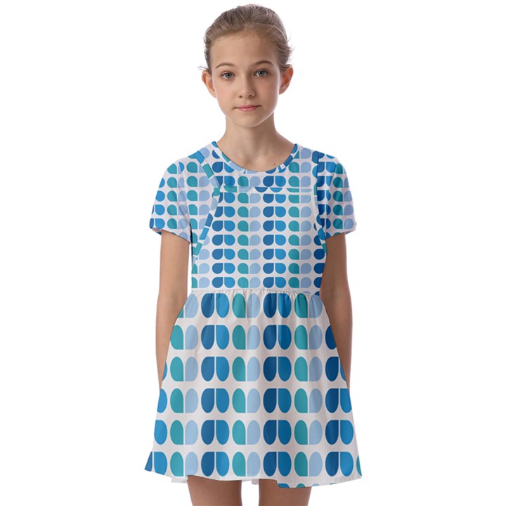 Blue Green Leaf Pattern Kids  Short Sleeve Pinafore Style Dress