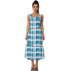 Blue Green Leaf Pattern Square Neckline Tiered Midi Dress by GardenOfOphir