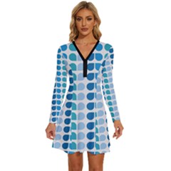 Blue Green Leaf Pattern Long Sleeve Deep V Mini Dress  by GardenOfOphir