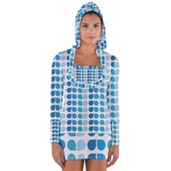 Blue Green Leaf Pattern Long Sleeve Hooded T-shirt by GardenOfOphir