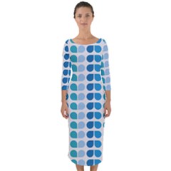 Blue Green Leaf Pattern Quarter Sleeve Midi Bodycon Dress by GardenOfOphir