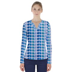 Blue Green Leaf Pattern V-neck Long Sleeve Top by GardenOfOphir