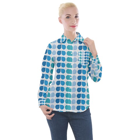 Blue Green Leaf Pattern Women s Long Sleeve Pocket Shirt by GardenOfOphir