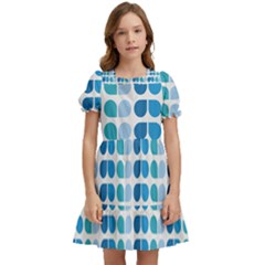 Blue Green Leaf Pattern Kids  Puff Sleeved Dress by GardenOfOphir