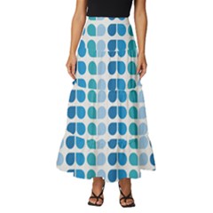 Blue Green Leaf Pattern Tiered Ruffle Maxi Skirt by GardenOfOphir