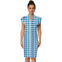 Blue Green Leaf Pattern Vintage Frill Sleeve V-neck Bodycon Dress by GardenOfOphir