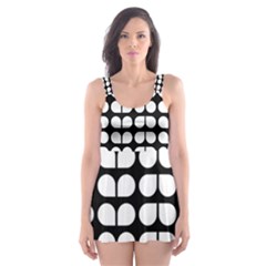 Black And White Leaf Pattern Skater Dress Swimsuit by GardenOfOphir