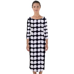 Black And White Leaf Pattern Quarter Sleeve Midi Bodycon Dress by GardenOfOphir