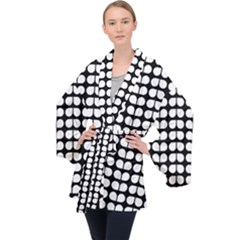 Black And White Leaf Pattern Long Sleeve Velvet Kimono  by GardenOfOphir