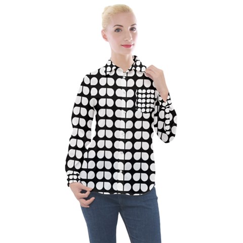 Black And White Leaf Pattern Women s Long Sleeve Pocket Shirt by GardenOfOphir