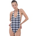 Black And White Leaf Pattern Backless Halter One Piece Swimsuit View1