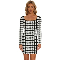 Black And White Leaf Pattern Long Sleeve Square Neck Bodycon Velvet Dress by GardenOfOphir