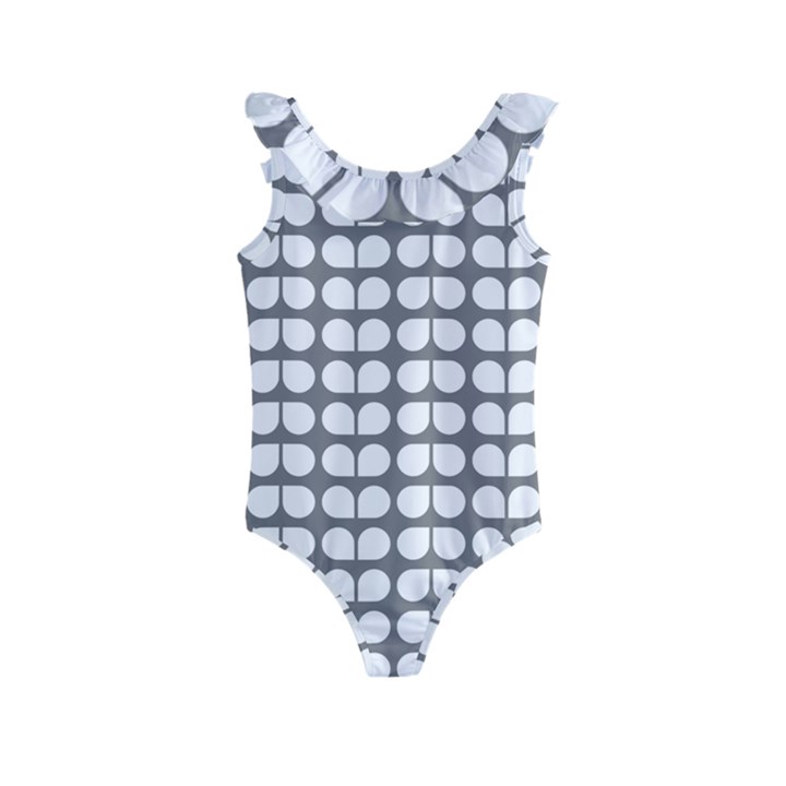 Gray And White Leaf Pattern Kids  Frill Swimsuit