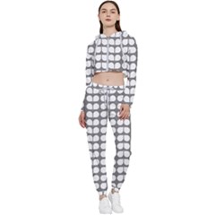 Gray And White Leaf Pattern Cropped Zip Up Lounge Set by GardenOfOphir